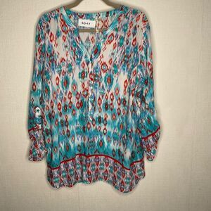 Grand &Greene Blouse Womens XL Multicolor V-Neck Popover Ikat Shirt Artsy Ethnic